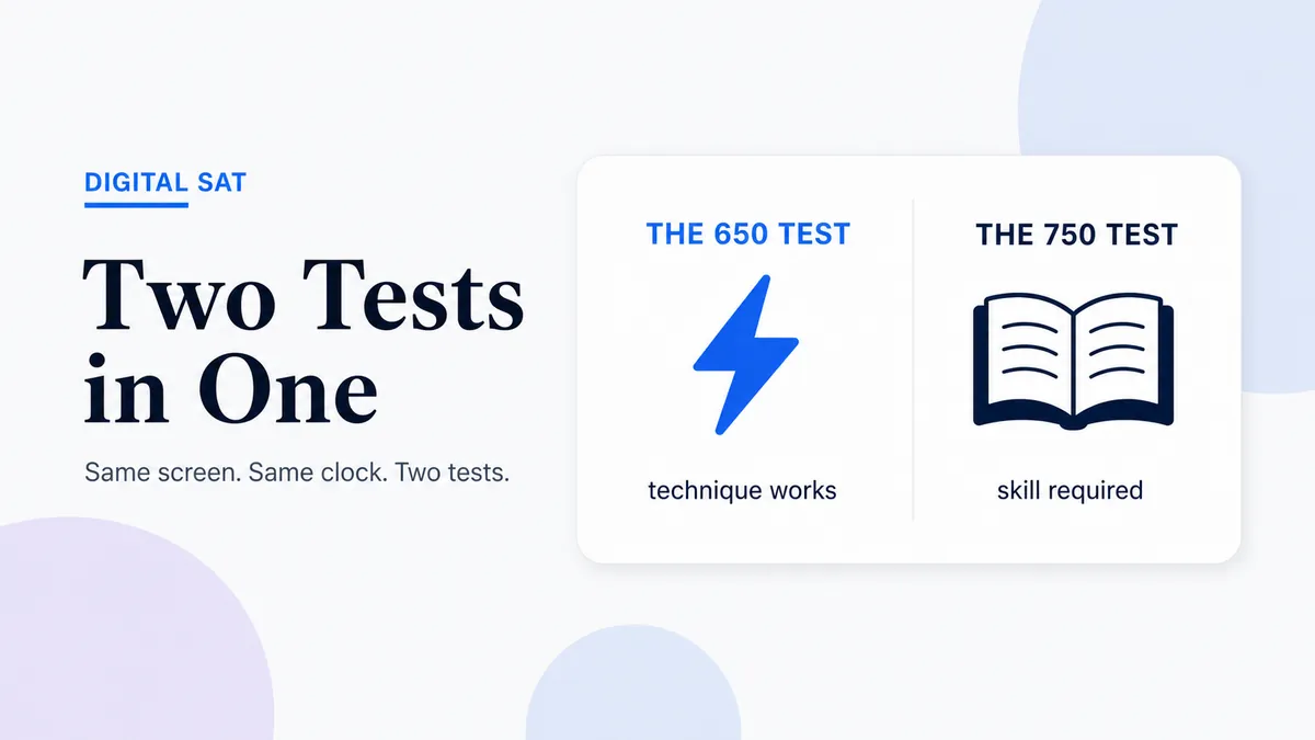 One SAT screen splitting into two tests: the 650 test, beatable with technique, and the 750 test, which checks real skill.