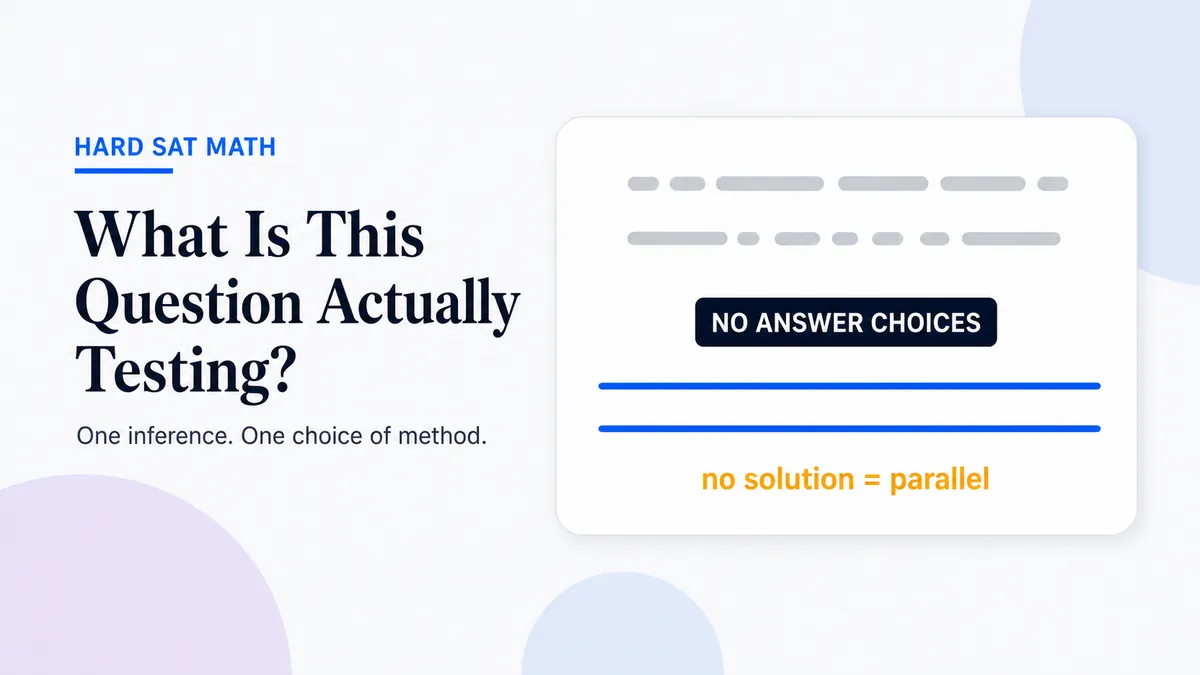 A hard SAT system-of-equations question with no answer choices, asking what it actually tests: one inference — no solution means parallel lines — and one choice of method.
